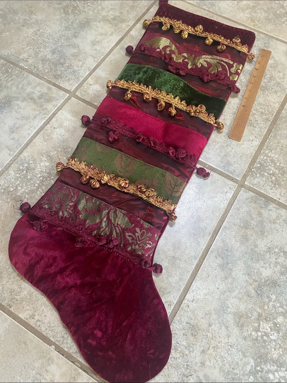Burgundy and Green Velvet Hanging Pocket Organizer for Christmas cards